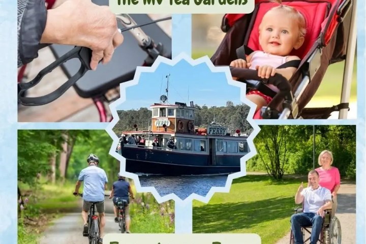Collage: baby in stroller, ferry boat, cyclist, wheelchair user on path.