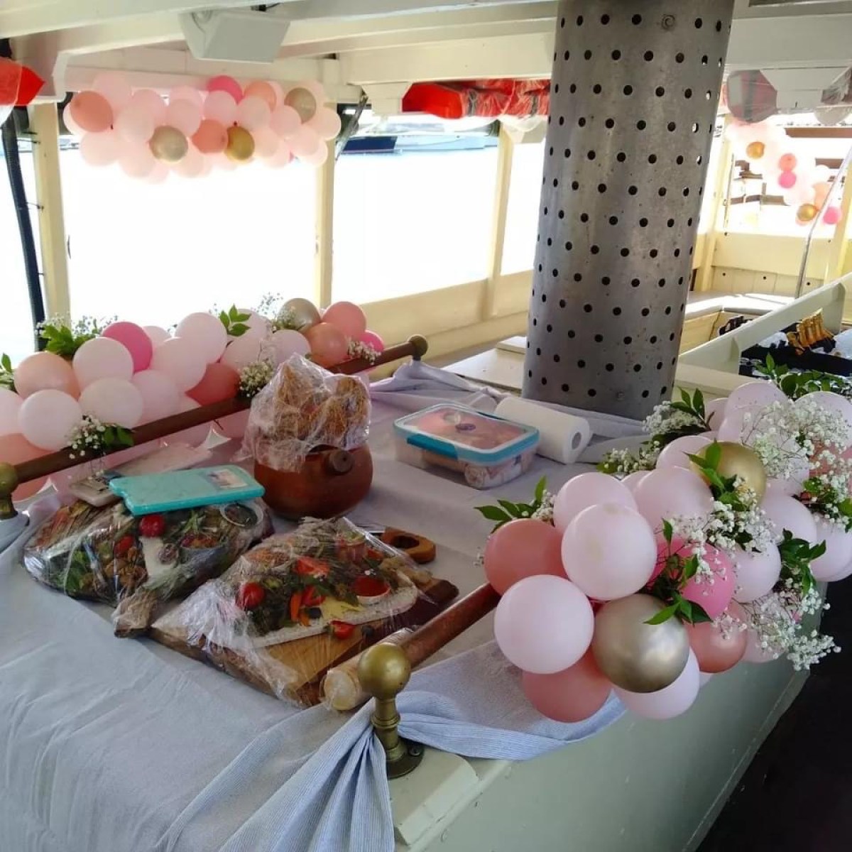 a bedroom with a bed and a table