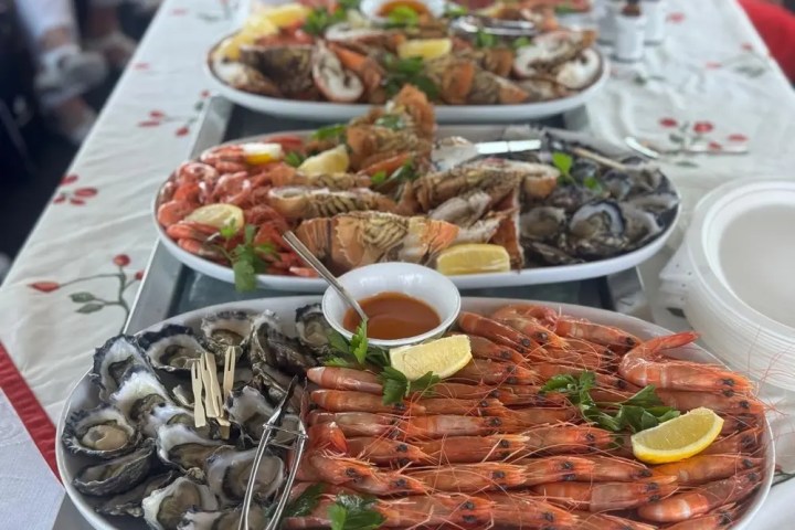 Plates of assorted seafood on a table, including shrimp, oysters, and lemon wedges.
