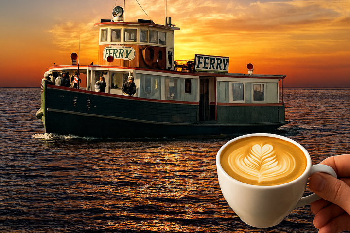 Hand holds coffee cup with latte art by ferry on sunset-lit ocean.