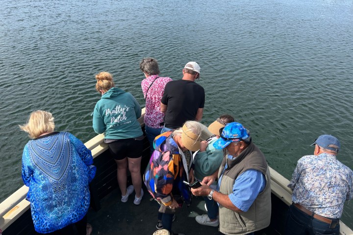 Group of people fishing from a boat on a lake.