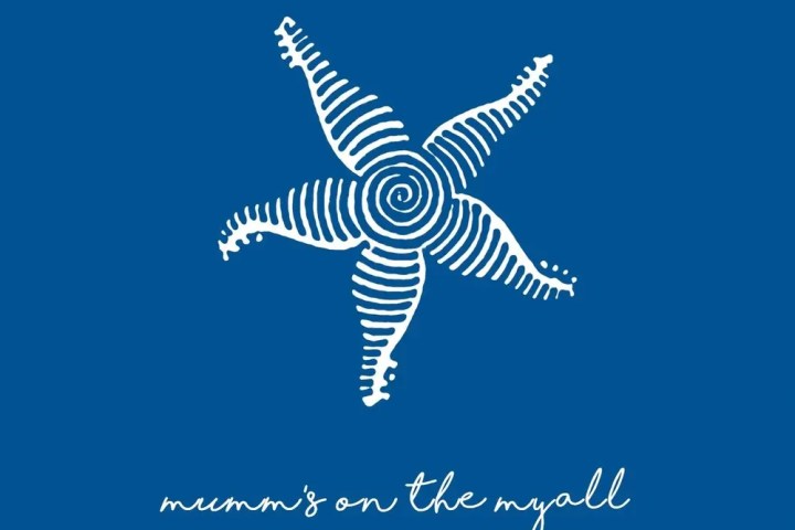 White spiral starfish sketch on blue with cursive text below.
